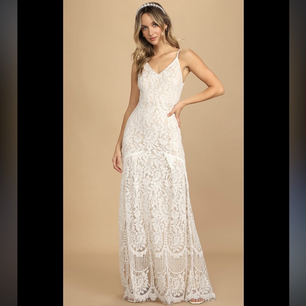 Lulu's Flynn White Lace Maxi Dress with Floral Overlay Bride Wedding as is